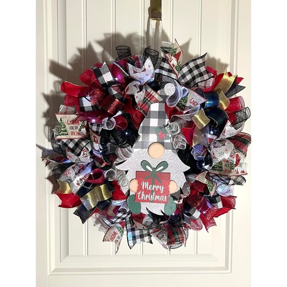 Handmade Merry Christmas Gnome Holiday Ribbon Door Wreath 22 ins W44 - Picture 10 of 12
